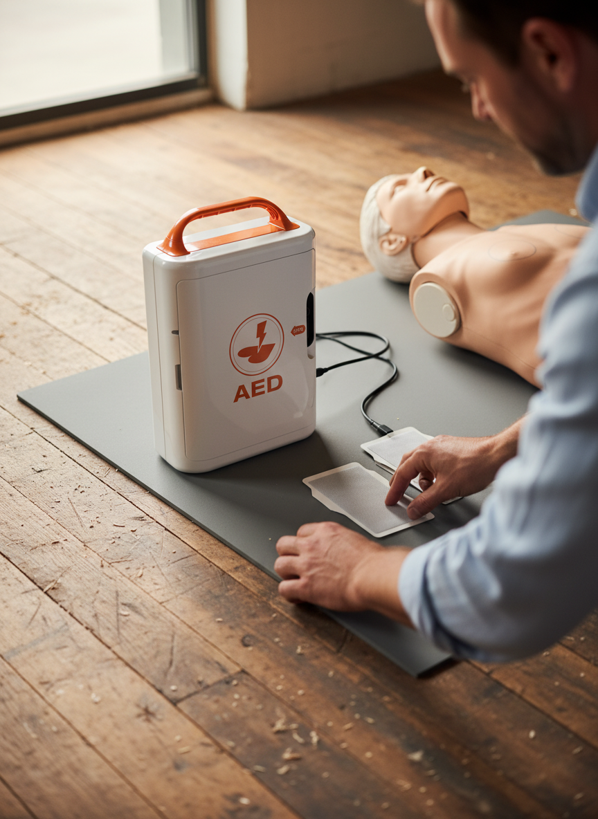AED set up on a training mat with pads laid out beside a CPR manikin, ready to apply.