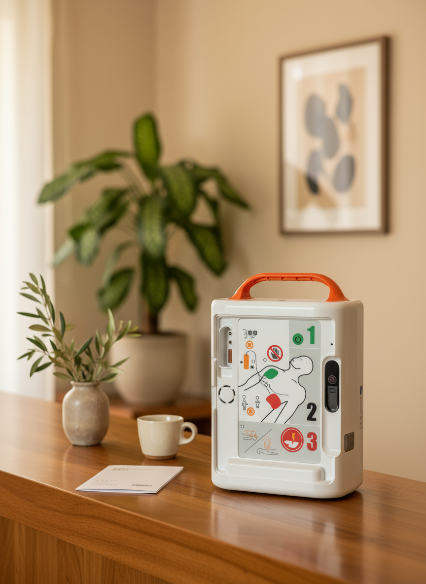 iPAD AED placed on a warm wooden hotel reception desk beside a small vase and espresso cup.